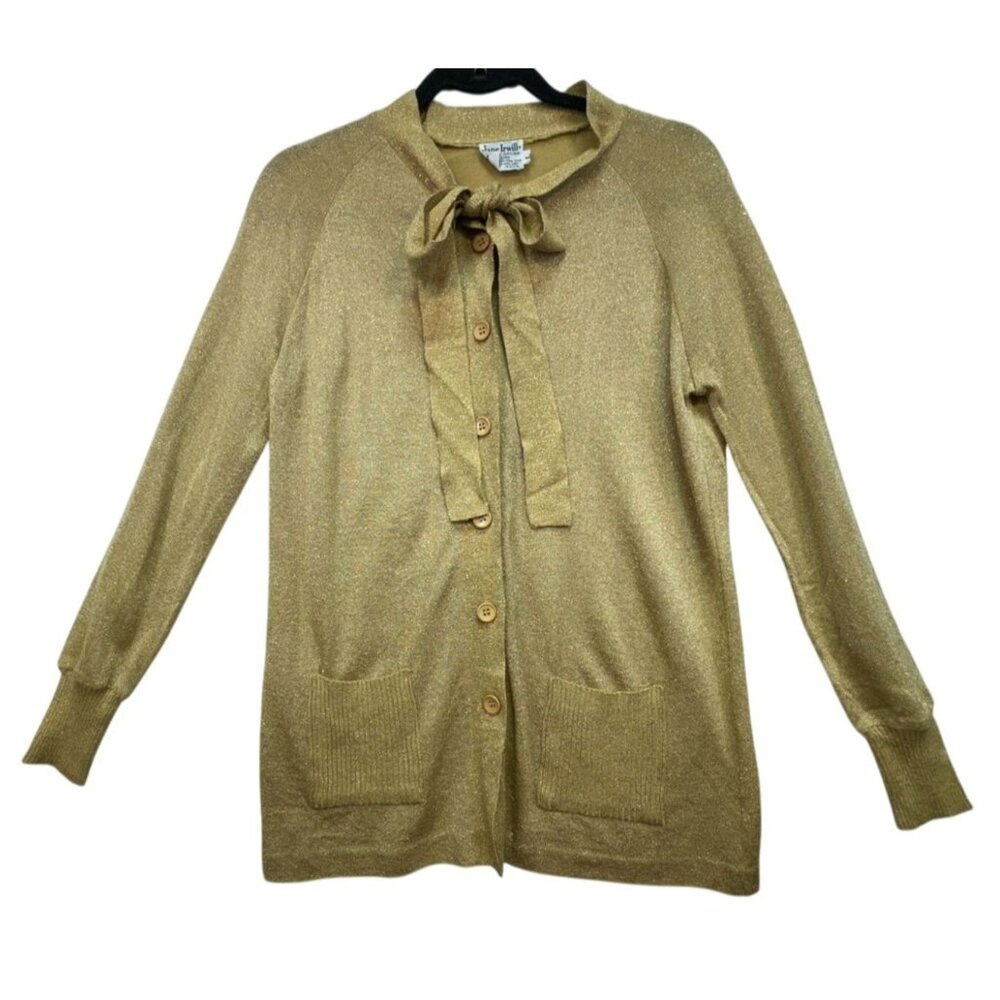 Vintage Jane Irwill Cardigan Sweater With Tie Neck Button-Down Front & Pockets W